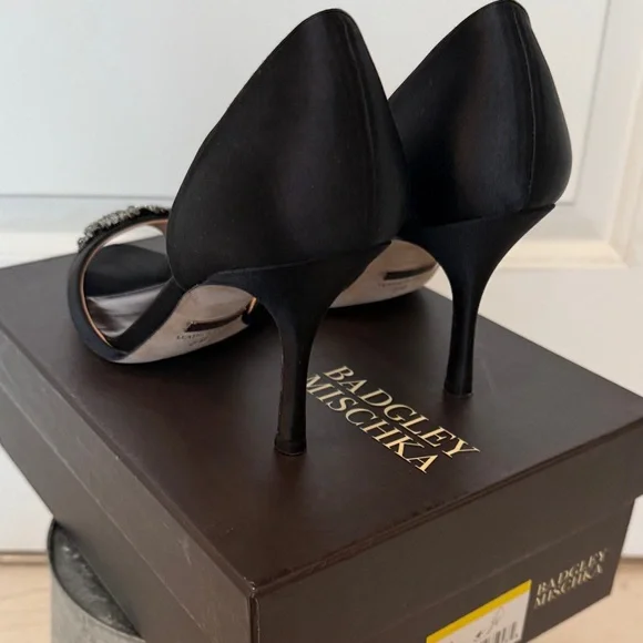 Badgley Mischka Black Peep-Toe Heels with Silver Accents - Picture 3 of 7